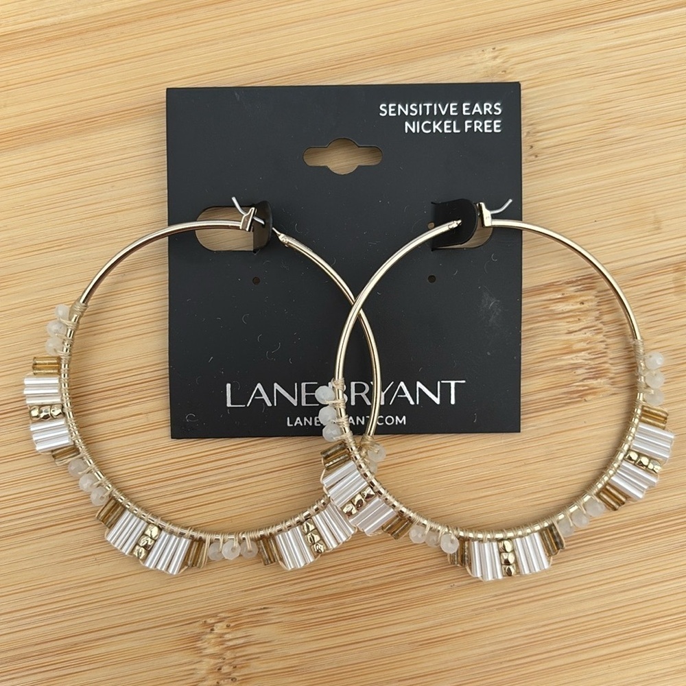 Brand New Lane Bryant Large Gold Tone White Beaded Hoop Earrings Nickel Free